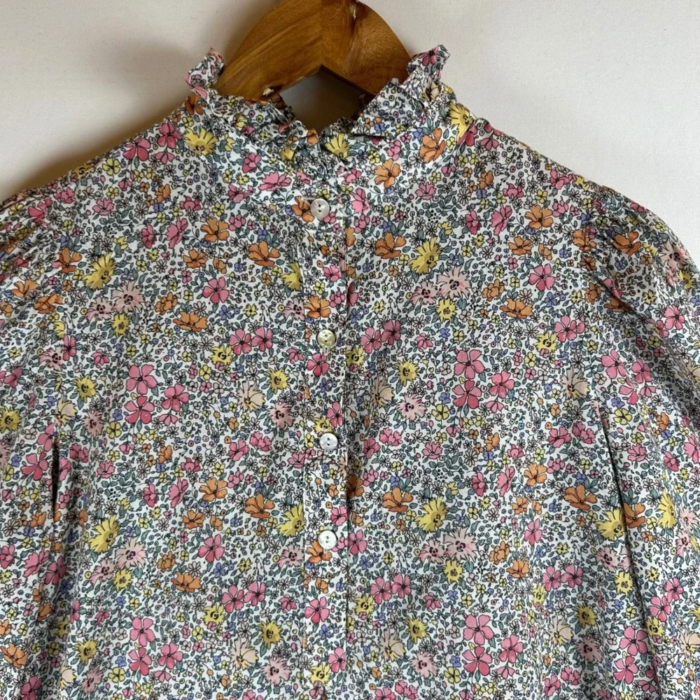 Tuckernuck Floral Ruffle Neck Puff Sleeve Cotton Popover Blouse Multicolor Small